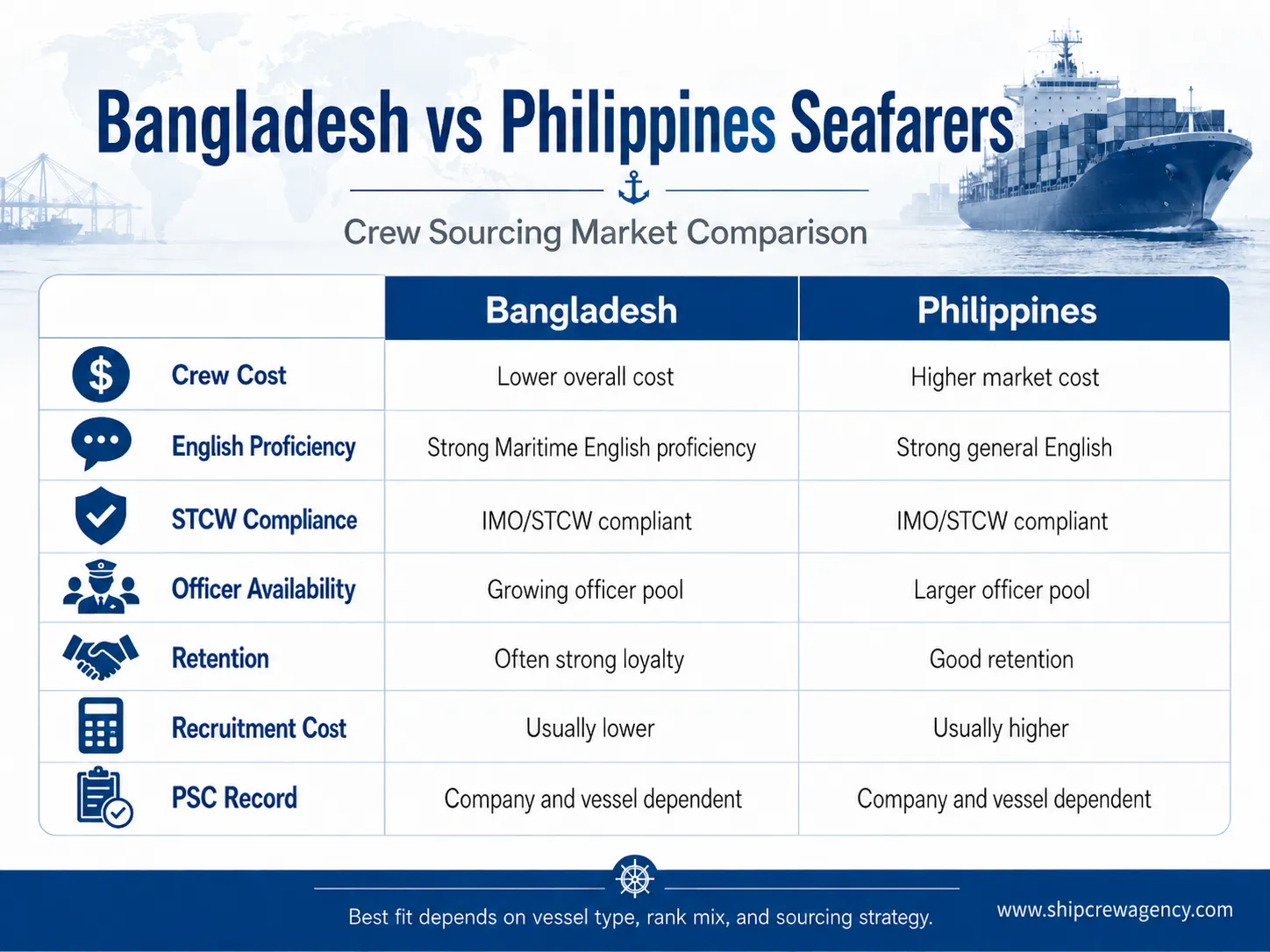 Quick comparison table of Bangladeshi and Filipino seafarers for crew sourcing
