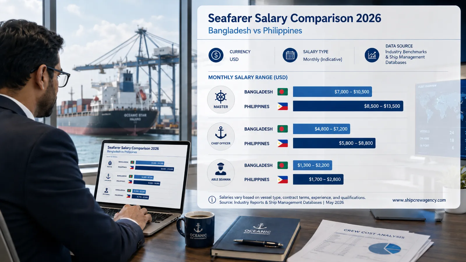 Seafarer salary comparison 2026 between Bangladesh and Philippines