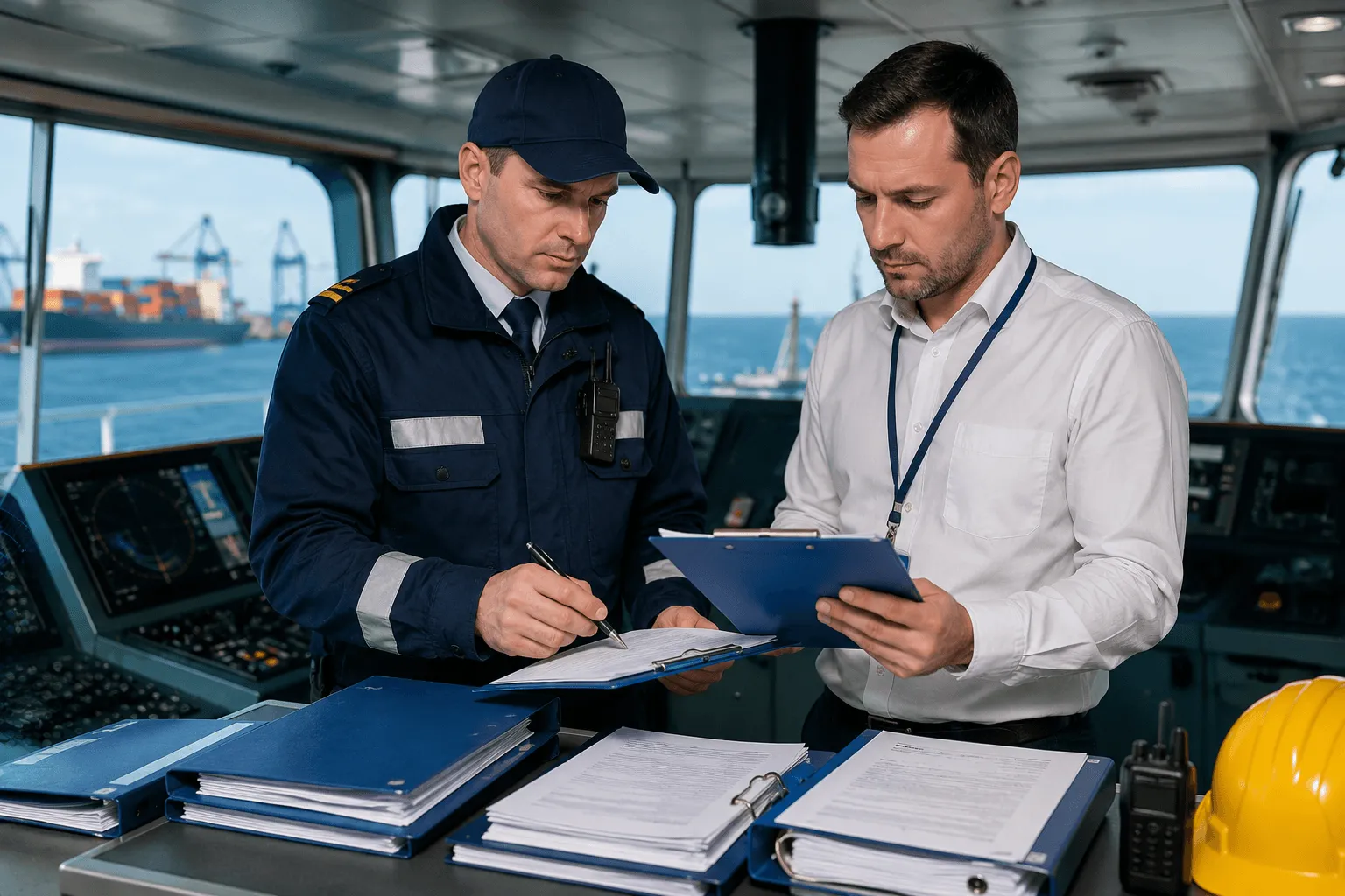 Port State Control inspection reviewing crew documents and MLC 2006 compliance onboard a vessel.