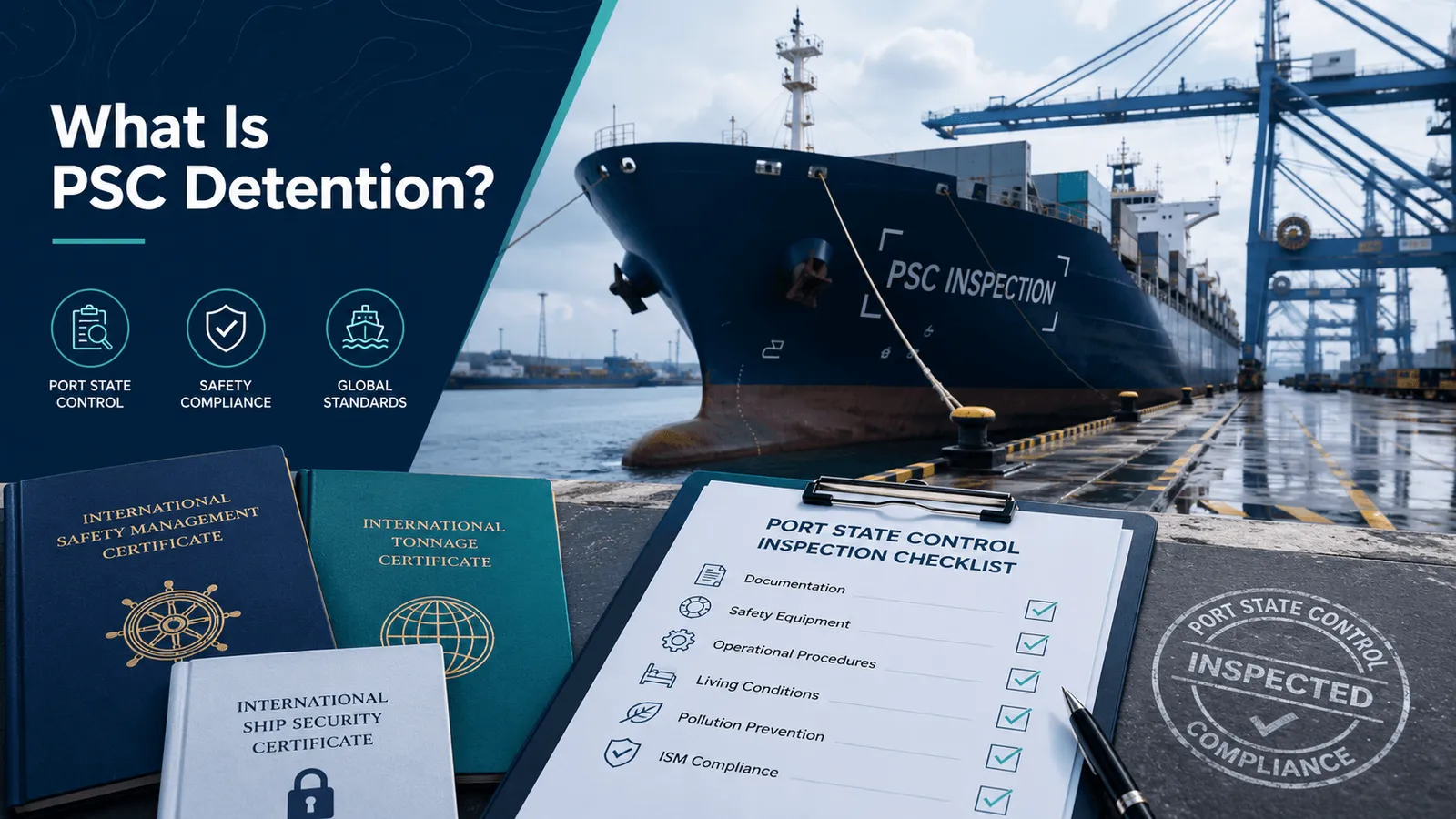 Cargo vessel with crew certificate compliance checklist showing how manning agencies help reduce PSC detention risk.