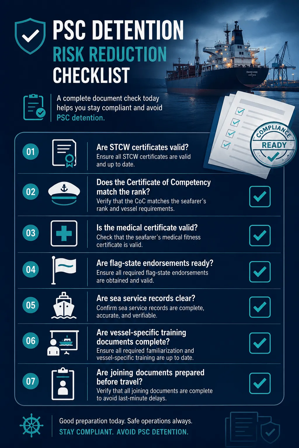 PSC detention risk reduction checklist for crew certificates and seafarer documents.