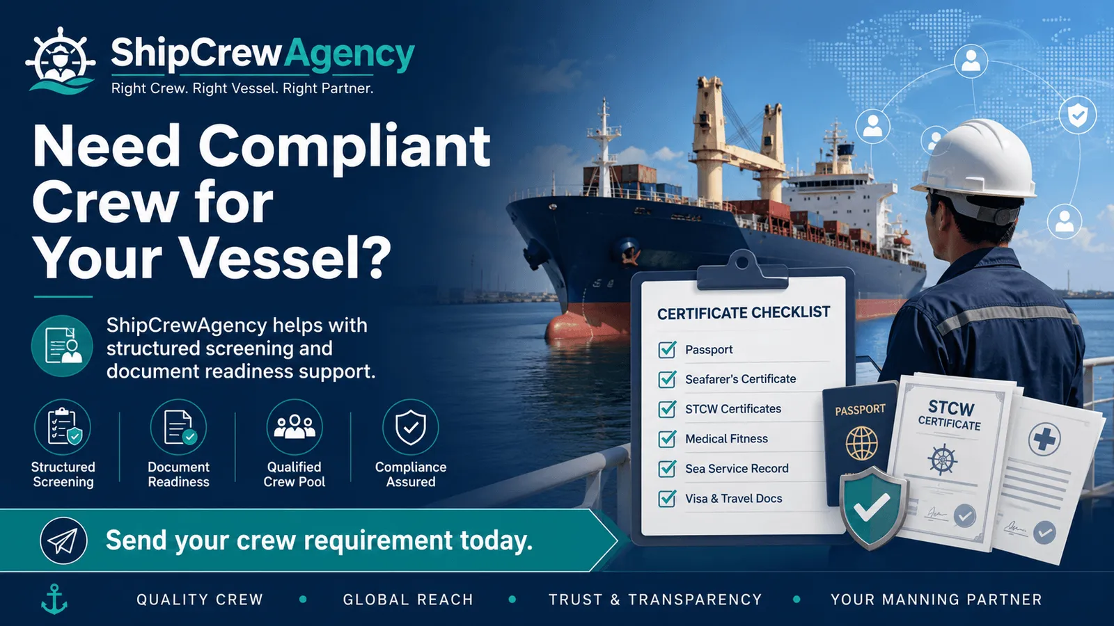 Port State Control inspection concept showing vessel documents being reviewed near a cargo ship.