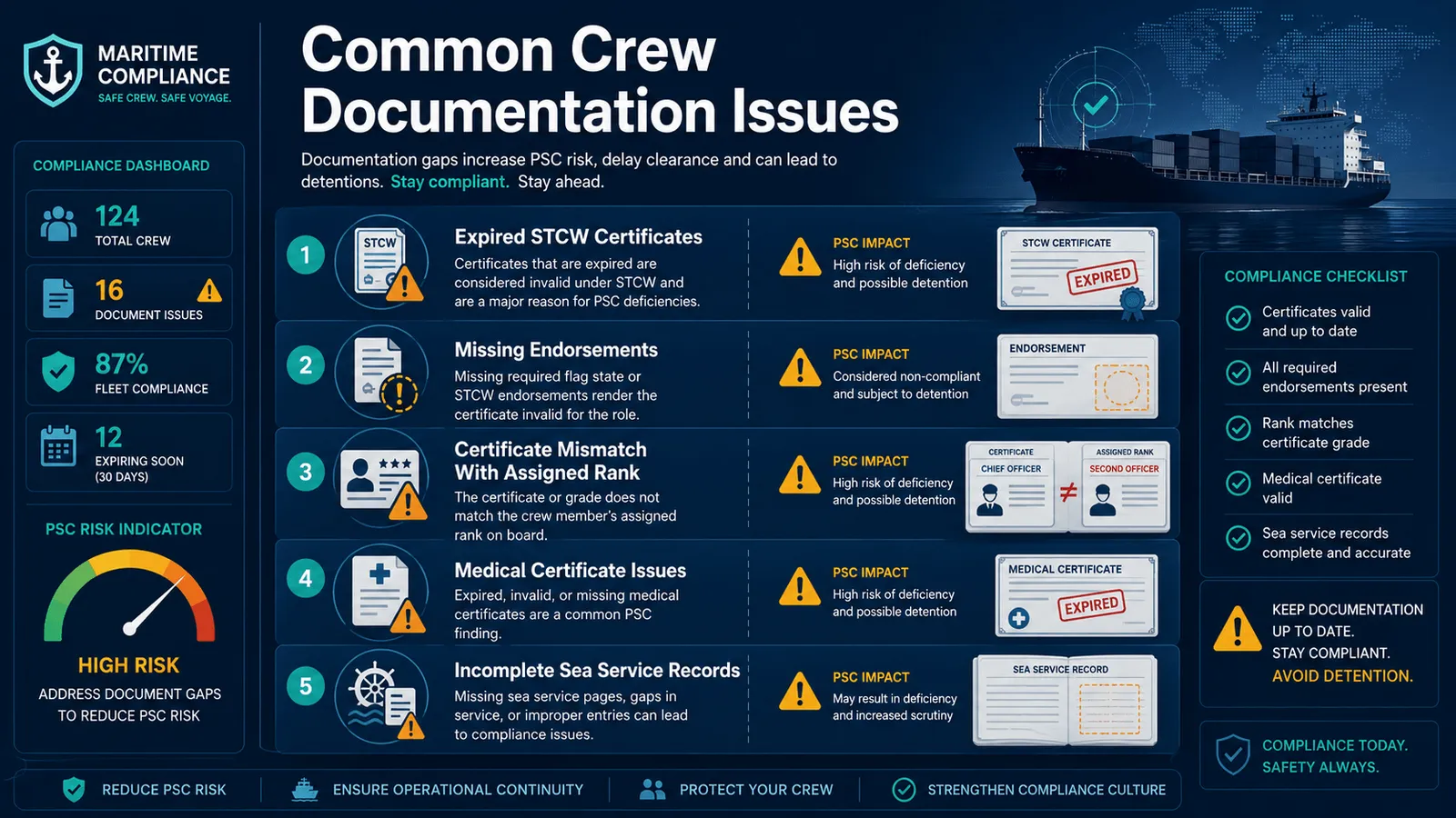 Warning style maritime compliance graphic showing common crew document issues that may increase PSC risk.